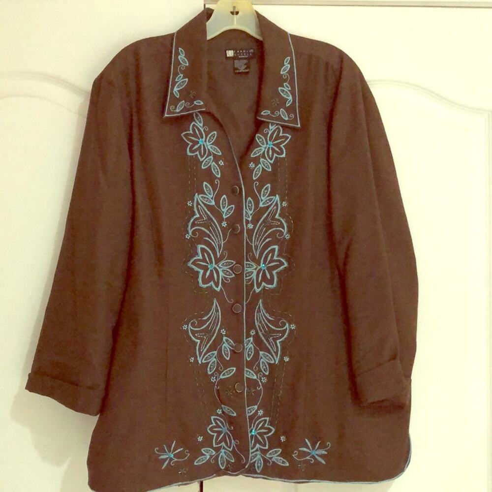 Carol little 3x brown/turquoise silk jacket worn 1